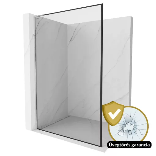 HD Velence "L" Black-Chrome Walk-In zuhanyfal 8 mm vastag vízlepergető biztonsági üveggel, 200 cm magas, króm profillal és "L" stabilizátorral, fekete kerettel