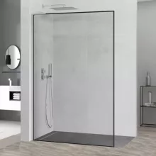 HD Velence "L" Black-Chrome Walk-In zuhanyfal 8 mm vastag vízlepergető biztonsági üveggel, 200 cm magas, króm profillal és "L" stabilizátorral, fekete kerettel