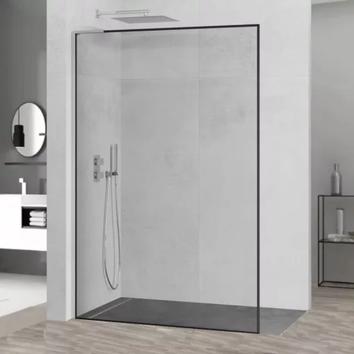 HD Velence "L" Black-Chrome Walk-In zuhanyfal 8 mm vastag vízlepergető biztonsági üveggel, 200 cm magas, króm profillal és "L" stabilizátorral, fekete kerettel