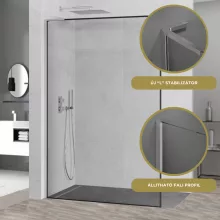 HD Velence "L" Black-Chrome Walk-In zuhanyfal 8 mm vastag vízlepergető biztonsági üveggel, 200 cm magas, króm profillal és "L" stabilizátorral, fekete kerettel