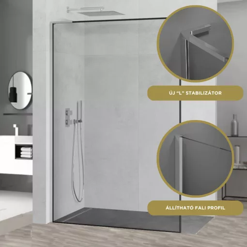 HD Velence "L" Black-Chrome Walk-In zuhanyfal 8 mm vastag vízlepergető biztonsági üveggel, 200 cm magas, króm profillal és "L" stabilizátorral, fekete kerettel