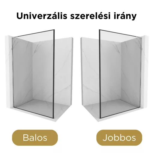 HD Velence "L" Black-Chrome Walk-In zuhanyfal 8 mm vastag vízlepergető biztonsági üveggel, 200 cm magas, króm profillal és "L" stabilizátorral, fekete kerettel