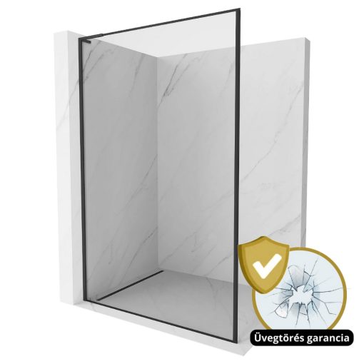 HD Velence "L" Black Walk-In zuhanyfal, 80x200 cm, 8 mm vastag vízlepergető biztonsági üveggel, 200 cm magas, fekete profillal és "L" stabilizátorral, fekete kerettel