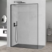 HD Velence "L" Black Walk-In zuhanyfal, 80x200 cm, 8 mm vastag vízlepergető biztonsági üveggel, 200 cm magas, fekete profillal és "L" stabilizátorral, fekete kerettel
