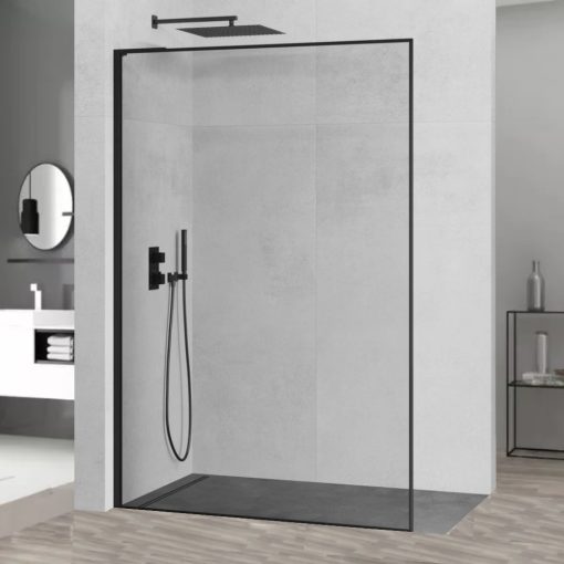 HD Velence "L" Black Walk-In zuhanyfal, 100x200 cm, 8 mm vastag vízlepergető biztonsági üveggel, 200 cm magas, fekete profillal és "L" stabilizátorral, fekete kerettel