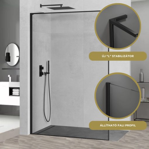 HD Velence "L" Black Walk-In zuhanyfal, 100x200 cm, 8 mm vastag vízlepergető biztonsági üveggel, 200 cm magas, fekete profillal és "L" stabilizátorral, fekete kerettel