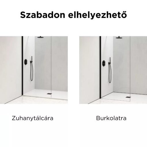 HD Velence "L" Black Walk-In zuhanyfal, 80x200 cm, 8 mm vastag vízlepergető biztonsági üveggel, 200 cm magas, fekete profillal és "L" stabilizátorral, fekete kerettel
