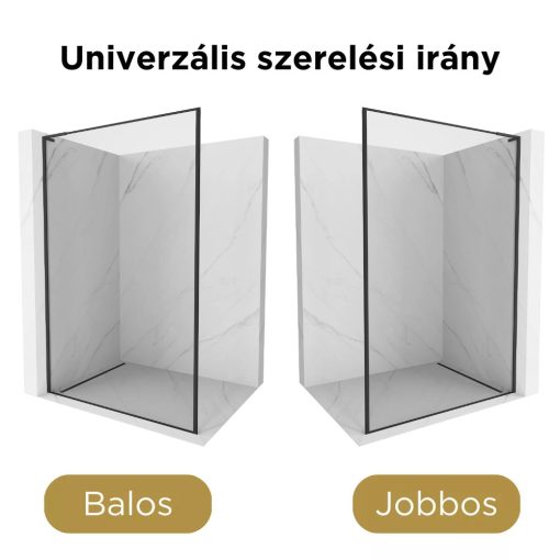 HD Velence "L" Black Walk-In zuhanyfal, 80x200 cm, 8 mm vastag vízlepergető biztonsági üveggel, 200 cm magas, fekete profillal és "L" stabilizátorral, fekete kerettel