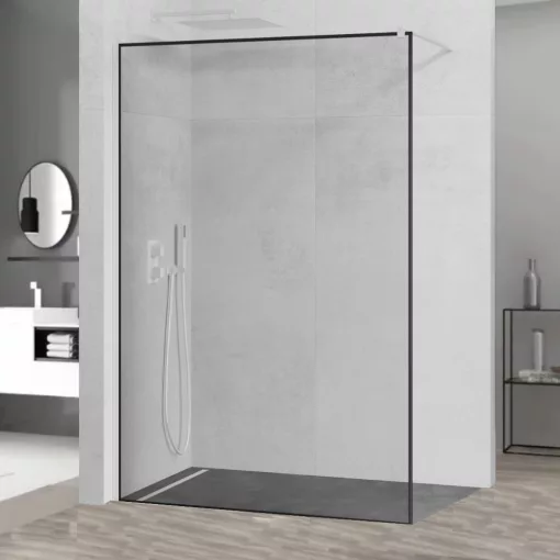 HD Velence Black-White Walk-In zuhanyfal, 130x200 cm, 8 mm vastag vízlepergető biztonsági üveggel, 200 cm magas, fehér profillal és távtartóval, fekete kerettel