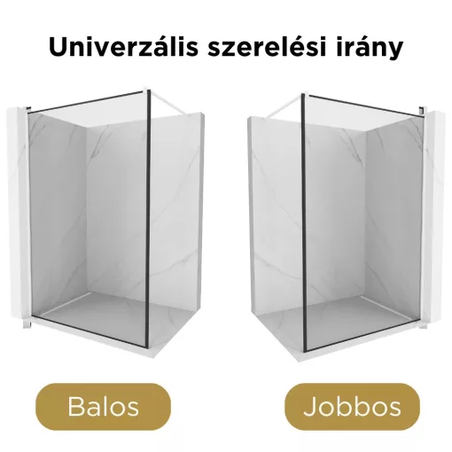 HD Velence Black-White Walk-In zuhanyfal, 130x200 cm, 8 mm vastag vízlepergető biztonsági üveggel, 200 cm magas, fehér profillal és távtartóval, fekete kerettel