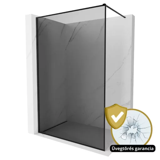 HD Velence Dark Black Walk-In zuhanyfal, 120x200 cm, 8 mm vastag vízlepergető biztonsági üveggel, 200 cm magas, fekete profillal és távtartóval, fekete kerettel