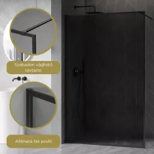 HD Velence Dark Black Walk-In zuhanyfal, 120x200 cm, 8 mm vastag vízlepergető biztonsági üveggel, 200 cm magas, fekete profillal és távtartóval, fekete kerettel