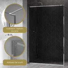 HD Velence Dark Chrome Walk-In zuhanyfal, 100x200 cm, 8 mm vastag vízlepergető biztonsági üveggel, 200 cm magas, króm profillal és távtartóval, króm kerettel