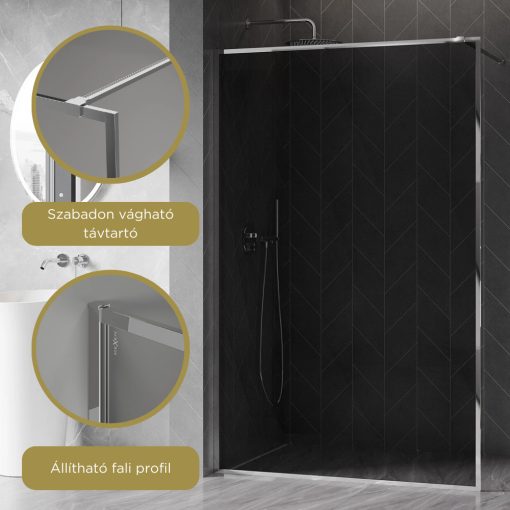 HD Velence Dark Chrome Walk-In zuhanyfal, 100x200 cm, 8 mm vastag vízlepergető biztonsági üveggel, 200 cm magas, króm profillal és távtartóval, króm kerettel
