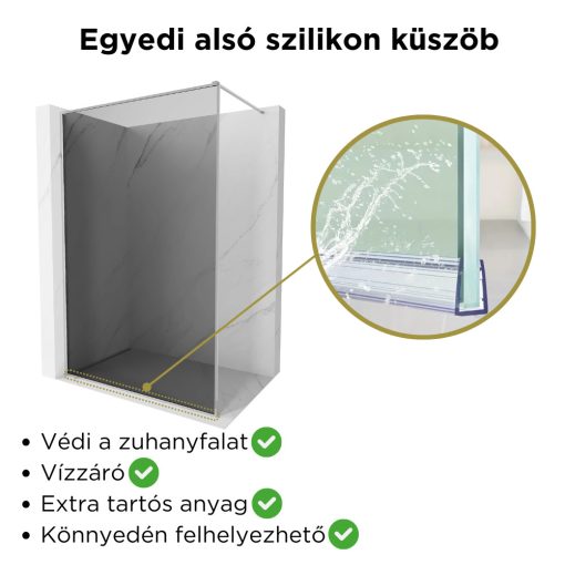HD Velence Dark Chrome Walk-In zuhanyfal, 100x200 cm, 8 mm vastag vízlepergető biztonsági üveggel, 200 cm magas, króm profillal és távtartóval, króm kerettel