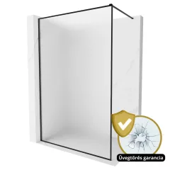   HD Velence Matt Black Walk-In zuhanyfal 8 mm vastag vízlepergető biztonsági üveggel, 200 cm magas, fekete profillal és távtartóval, fekete kerettel