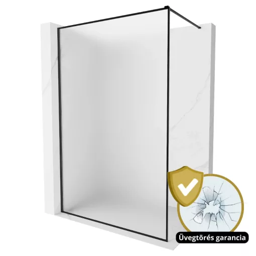 HD Velence Matt Black Walk-In zuhanyfal 8 mm vastag vízlepergető biztonsági üveggel, 200 cm magas, fekete profillal és távtartóval, fekete kerettel