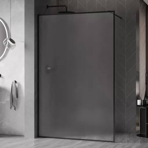 HD Velence Matt Black Walk-In zuhanyfal 8 mm vastag vízlepergető biztonsági üveggel, 200 cm magas, fekete profillal és távtartóval, fekete kerettel