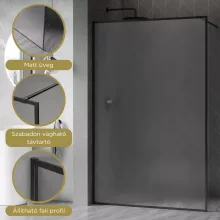 HD Velence Matt Black Walk-In zuhanyfal 8 mm vastag vízlepergető biztonsági üveggel, 200 cm magas, fekete profillal és távtartóval, fekete kerettel