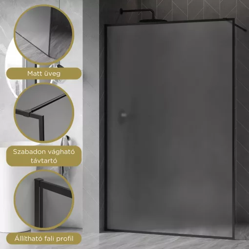 HD Velence Matt Black Walk-In zuhanyfal 8 mm vastag vízlepergető biztonsági üveggel, 200 cm magas, fekete profillal és távtartóval, fekete kerettel