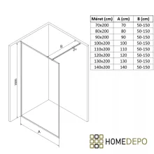 HD Velence Matt Black Walk-In zuhanyfal 8 mm vastag vízlepergető biztonsági üveggel, 200 cm magas, fekete profillal és távtartóval, fekete kerettel