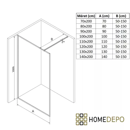 HD Velence Matt Black Walk-In zuhanyfal 8 mm vastag vízlepergető biztonsági üveggel, 200 cm magas, fekete profillal és távtartóval, fekete kerettel