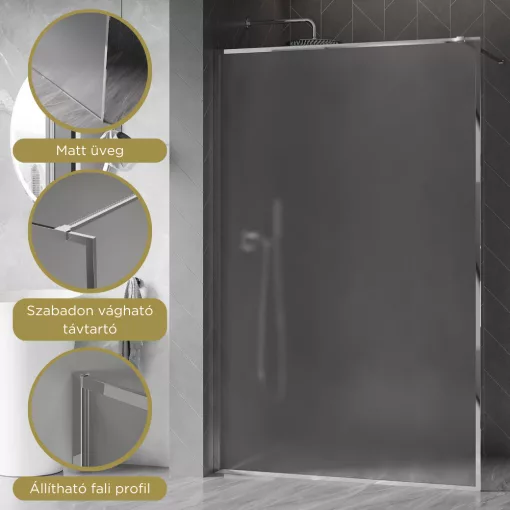 HD Velence Matt Chrome Walk-In zuhanyfal 8 mm vastag vízlepergető biztonsági üveggel, 200 cm magas, króm profillal és távtartóval, króm kerettel