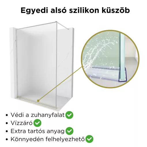 HD Velence Matt Chrome Walk-In zuhanyfal 8 mm vastag vízlepergető biztonsági üveggel, 200 cm magas, króm profillal és távtartóval, króm kerettel