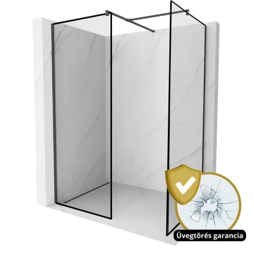 HD Velence Black Kombi Walk-In zuhanyfal, 140x110 cm, 8 mm vastag vízlepergető biztonsági üveggel, 200 cm magas, fekete profillal és távtartóval, fekete kerettel