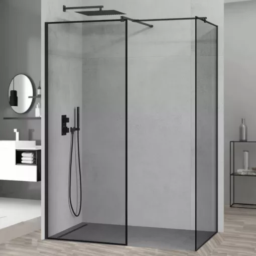 HD Velence Black Kombi Walk-In zuhanyfal, 140x110 cm, 8 mm vastag vízlepergető biztonsági üveggel, 200 cm magas, fekete profillal és távtartóval, fekete kerettel