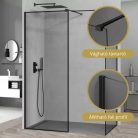 HD Velence Black Kombi Walk-In zuhanyfal 8 mm vastag vízlepergető biztonsági üveggel, 200 cm magas, fekete profillal és távtartóval, fekete kerettel