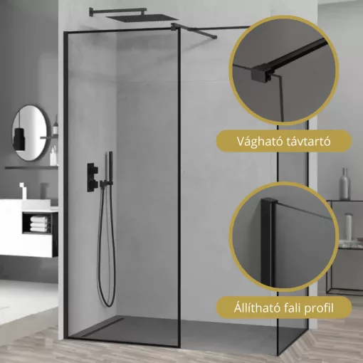 HD Velence Black Kombi Walk-In zuhanyfal, 140x110 cm, 8 mm vastag vízlepergető biztonsági üveggel, 200 cm magas, fekete profillal és távtartóval, fekete kerettel