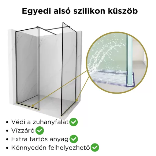 HD Velence Black Kombi Walk-In zuhanyfal, 140x110 cm, 8 mm vastag vízlepergető biztonsági üveggel, 200 cm magas, fekete profillal és távtartóval, fekete kerettel