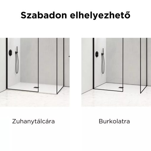 HD Velence Black Kombi Walk-In zuhanyfal, 130x140 cm, 8 mm vastag vízlepergető biztonsági üveggel, 200 cm magas, fekete profillal és távtartóval, fekete kerettel
