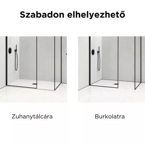HD Velence Black Kombi Walk-In zuhanyfal, 140x110 cm, 8 mm vastag vízlepergető biztonsági üveggel, 200 cm magas, fekete profillal és távtartóval, fekete kerettel