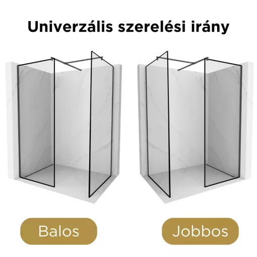 HD Velence Black Kombi Walk-In zuhanyfal, 140x110 cm, 8 mm vastag vízlepergető biztonsági üveggel, 200 cm magas, fekete profillal és távtartóval, fekete kerettel