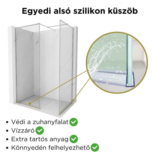 HD Velence Chrome Kombi Walk-In zuhanyfal, 120x140 cm, 8 mm vastag vízlepergető biztonsági üveggel, 200 cm magas, króm profillal és távtartóval, krómozott kerettel