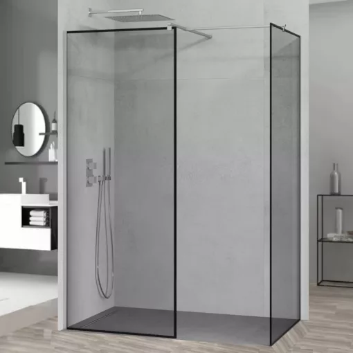 HD Velence Black-Chrome Kombi Walk-In zuhanyfal, 90x70 cm, 8 mm vastag vízlepergető biztonsági üveggel, 200 cm magas, króm profillal és távtartóval, fekete kerettel