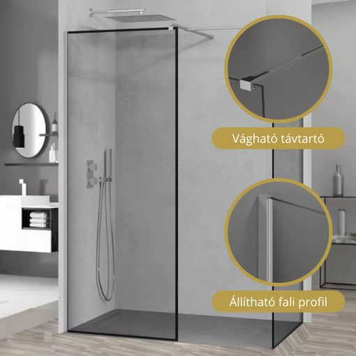 HD Velence Black-Chrome Kombi Walk-In zuhanyfal, 80x70 cm, 8 mm vastag vízlepergető biztonsági üveggel, 200 cm magas, króm profillal és távtartóval, fekete kerettel
