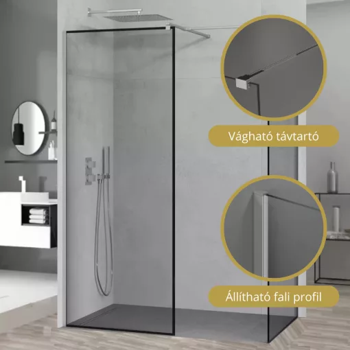 HD Velence Black-Chrome Kombi Walk-In zuhanyfal, 90x70 cm, 8 mm vastag vízlepergető biztonsági üveggel, 200 cm magas, króm profillal és távtartóval, fekete kerettel