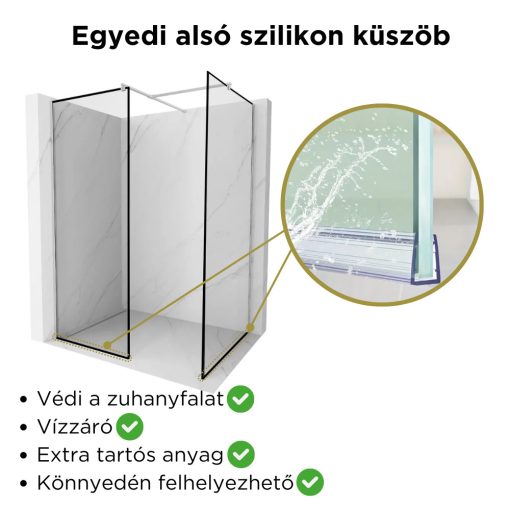HD Velence Black-Chrome Kombi Walk-In zuhanyfal, 80x70 cm, 8 mm vastag vízlepergető biztonsági üveggel, 200 cm magas, króm profillal és távtartóval, fekete kerettel