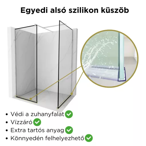 HD Velence Black-Chrome Kombi Walk-In zuhanyfal, 90x70 cm, 8 mm vastag vízlepergető biztonsági üveggel, 200 cm magas, króm profillal és távtartóval, fekete kerettel