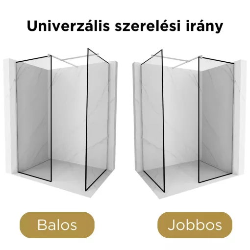 HD Velence Black-Chrome Kombi Walk-In zuhanyfal, 90x70 cm, 8 mm vastag vízlepergető biztonsági üveggel, 200 cm magas, króm profillal és távtartóval, fekete kerettel