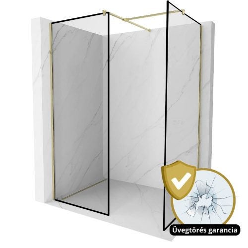 HD Velence Black-Gold Kombi Walk-In zuhanyfal 8 mm vastag vízlepergető biztonsági üveggel, 200 cm magas, arany profillal és távtartóval, fekete kerettel
