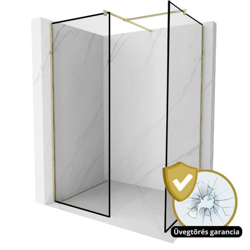 HD Velence Black-Gold Kombi Walk-In zuhanyfal, 130x130 cm, 8 mm vastag vízlepergető biztonsági üveggel, 200 cm magas, arany profillal és távtartóval, fekete kerettel