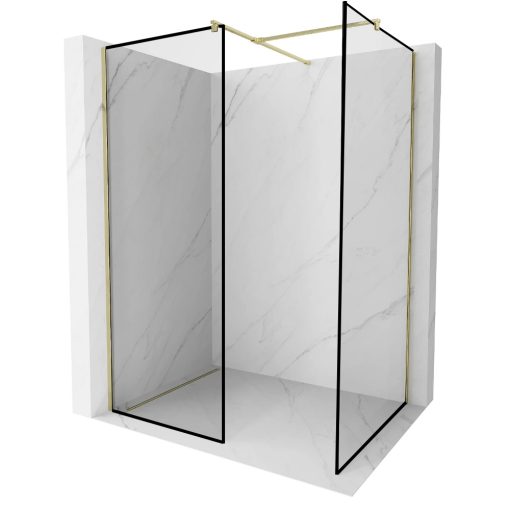 HD Velence Black-Gold Kombi Walk-In zuhanyfal, 130x130 cm, 8 mm vastag vízlepergető biztonsági üveggel, 200 cm magas, arany profillal és távtartóval, fekete kerettel