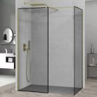 HD Velence Black-Gold Kombi Walk-In zuhanyfal 8 mm vastag vízlepergető biztonsági üveggel, 200 cm magas, arany profillal és távtartóval, fekete kerettel