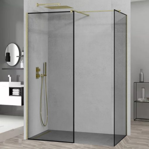 HD Velence Black-Gold Kombi Walk-In zuhanyfal, 130x130 cm, 8 mm vastag vízlepergető biztonsági üveggel, 200 cm magas, arany profillal és távtartóval, fekete kerettel