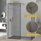 HD Velence Black-Gold Kombi Walk-In zuhanyfal 8 mm vastag vízlepergető biztonsági üveggel, 200 cm magas, arany profillal és távtartóval, fekete kerettel