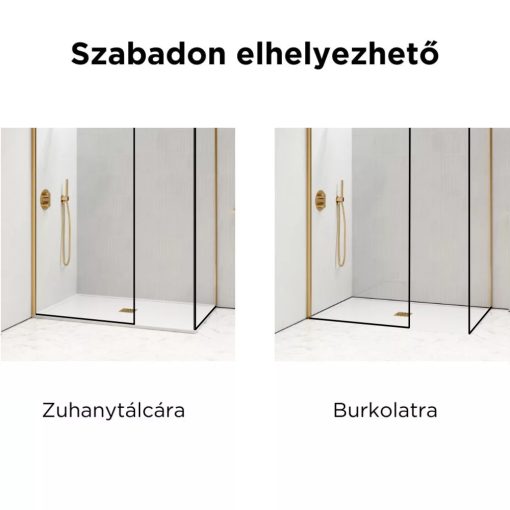 HD Velence Black-Gold Kombi Walk-In zuhanyfal, 130x130 cm, 8 mm vastag vízlepergető biztonsági üveggel, 200 cm magas, arany profillal és távtartóval, fekete kerettel